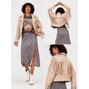 Mauritius Fringe Leather Moto Jacket Women Size 6 Tan Lambskin Biker Coat Boho